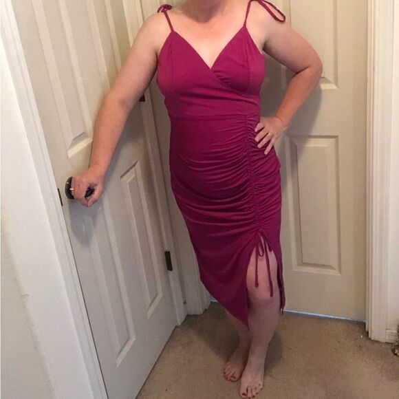 Venus XL magenta fuchsia ruched side mini dress adjustable tie straps . - Picture 1 of 6